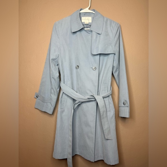 Vtg Worthington Dusty Blue Trench Coat Size Small Petite Belted Double Breasted - Picture 6 of 15